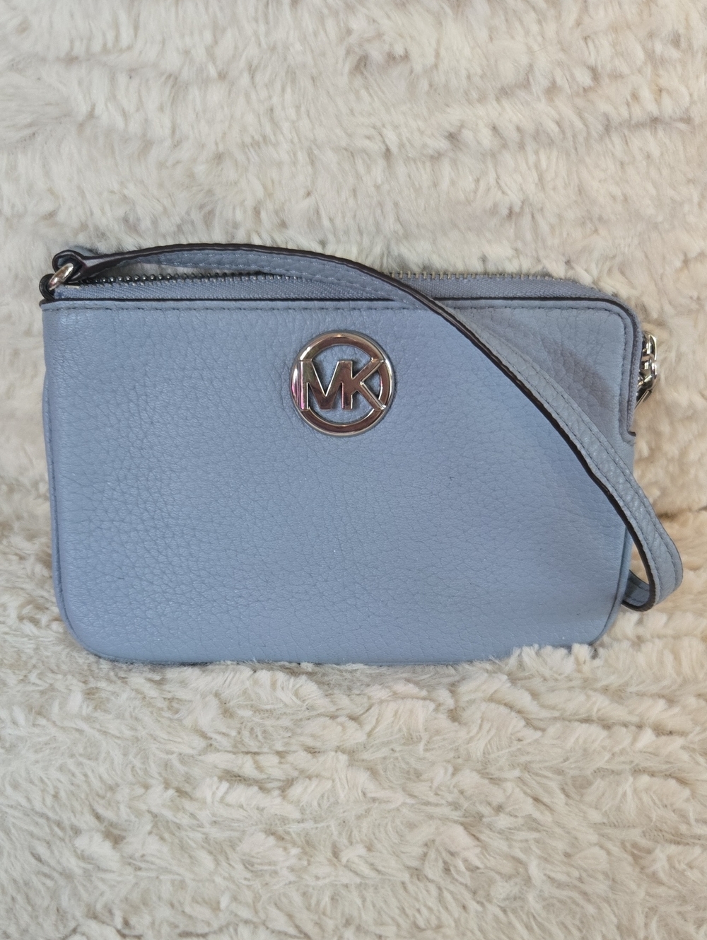 Michael Kors Powder Blue Pebbled Leather Crossbody with Silver MK Accent EUC
